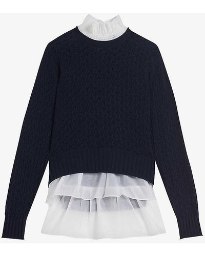 Ted Baker Holina Frill-trim Ribbed Knitted Jumper - Blue