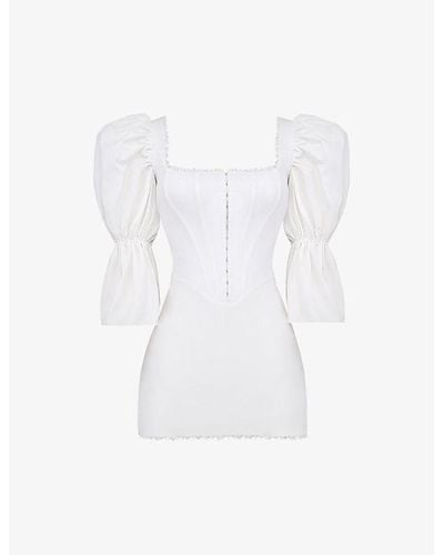 House Of Cb Matilda Corseted Puffed-sleeve Stretch Cotton-blend Mini Dress - White