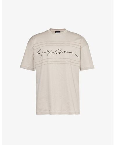 Giorgio Armani Cursive Brand-print Cotton T-shirt - Natural