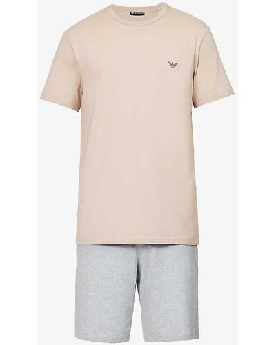 Emporio Armani Check-print Branded Stretch-cotton Pyjama Set X - Natural