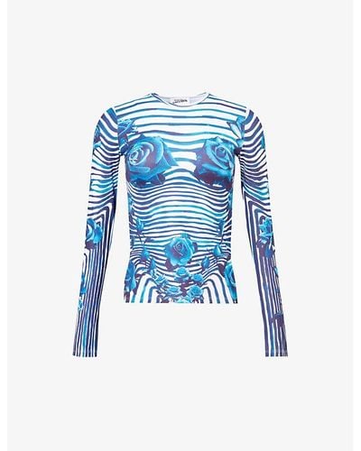 Jean Paul Gaultier Striped Floral-print Stretch-woven Top - Blue