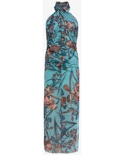 AllSaints Kaih Batu Graphic-print Tie-neck Stretch-mesh Midi Dress - Blue