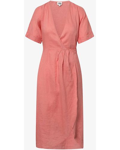 Twist & Tango Mya Wrap-front Short-sleeve Linen Midi Dress - Pink