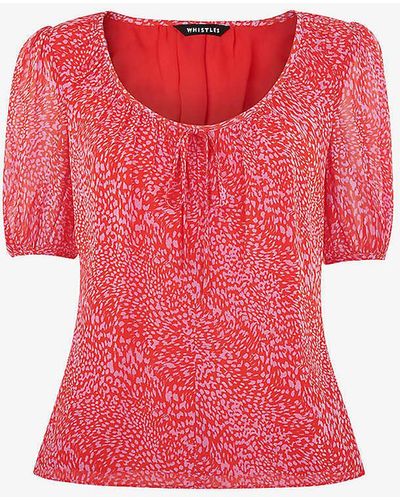 Whistles Leopard-print Puff-sleeved Crepe Top - Red