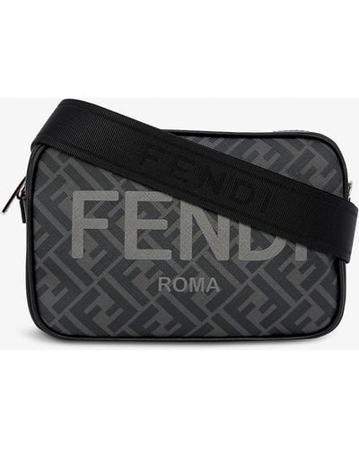 Fendi Brand-print Woven And Leather Cross-body Bag - Black