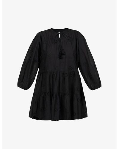 Seafolly Embroidered Puff-sleeves Cotton Mini Dress - Black