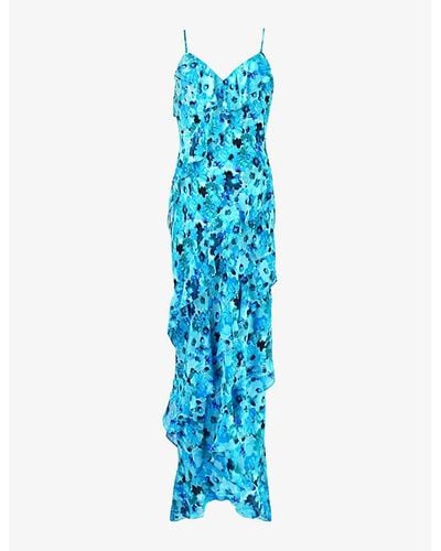 Ro&zo Floral-print Ruffle-trim Woven Maxi Dress - Blue