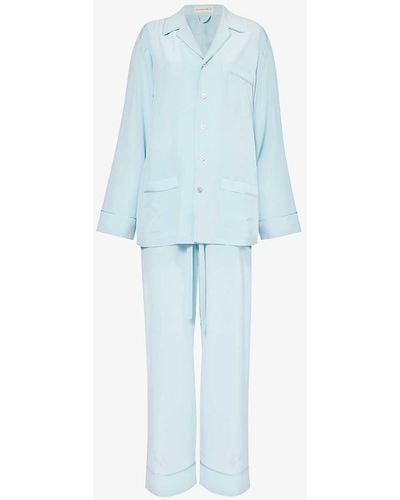 Olivia Von Halle Yves Contrast-piping Silk Pyjama Set X - Blue