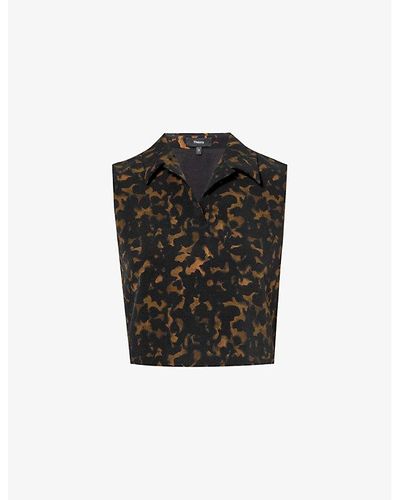 Theory Dark Brownabstract-print Cropped Stretch-woven Polo Shirt - Black