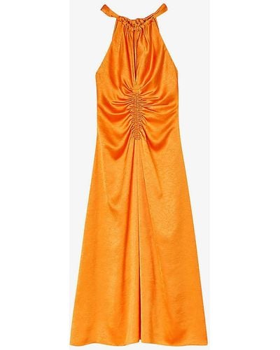 Sandro Ruched Halter-neck Satin Midi Dress - Orange