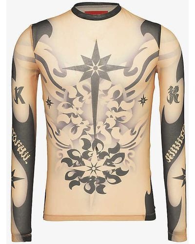 Kusikohc Tattoo-print Long-sleeved Stretch-mesh Top - Natural