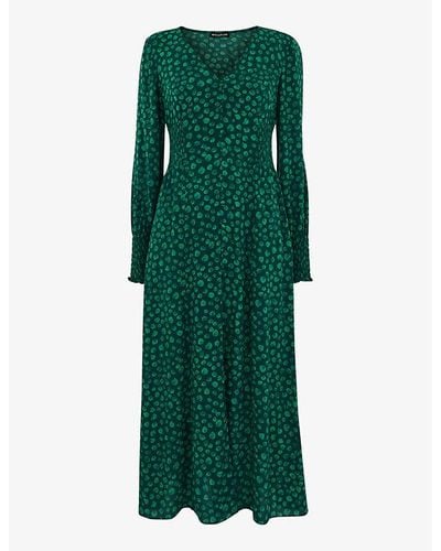 Whistles Lava Spot-print Shirred-detail Woven Midi Dress - Green