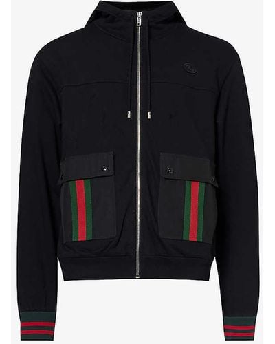 Gucci Brand-embroidered Striped-trim Regular-fit Cotton Hoody - Black