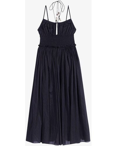 Maje Shirred-bodice Bead-embellished Cotton Midi Dress - Blue