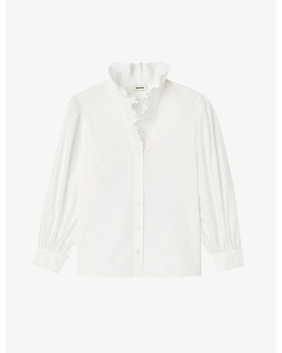 Sandro Ruffled-collar Organic-cotton Shirt - White