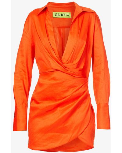 GAUGE81 Naha Plunge Linen-blend Mini Dress - Orange