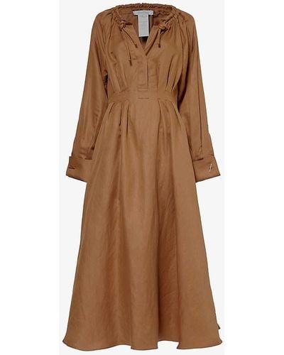Max Mara Drina Pleated Linen And Silk-blend Maxi Dress - Brown