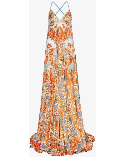 Etro Plunge-neck Paisley-pattern Woven Maxi Dress - Orange