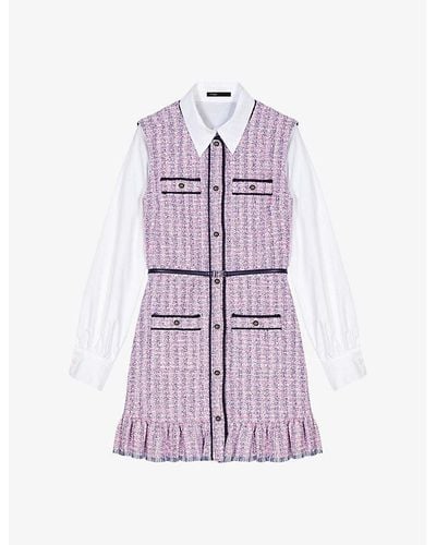 Maje Shirt-sleeve Ruffle-hem Tweed Mini Dress - Purple
