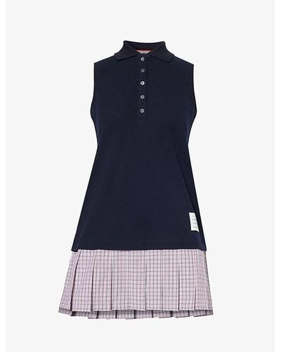Thom Browne Pleated Polo Checked-skirt Cotton Mini Dress - Blue
