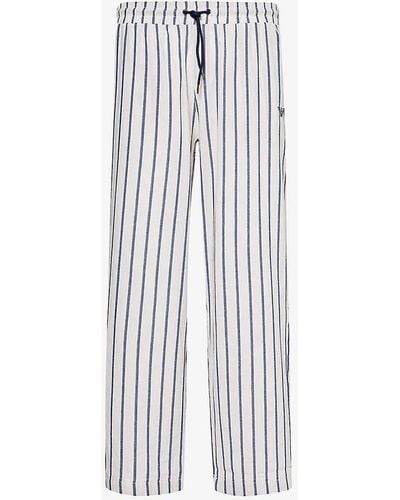 Emporio Armani Perla/blu Vy Stripe-print Straight-leg Cotton And Linen-blend Trousers - White