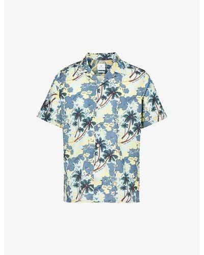PS by Paul Smith Floral-print Camp-collar Cotton-blend Shirt - Blue
