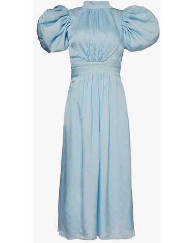 ROTATE BIRGER CHRISTENSEN Polka-dot Puff-sleeve Woven Midi Dress - Blue