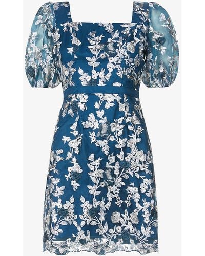 Chi Chi London Floral Embroidered Crepe Mini Dress - Blue