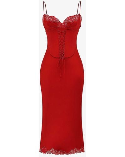 House Of Cb Salma Lace-trim Stretch-woven Midi Slip Dress - Red