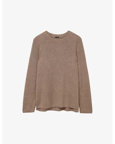 JOSEPH Round-neck Long-sleeve Stretch Linen-blend Sweater - Brown
