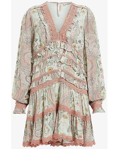 AllSaints Zora Floral-print Lace-embroidered Woven Mini Dress - White