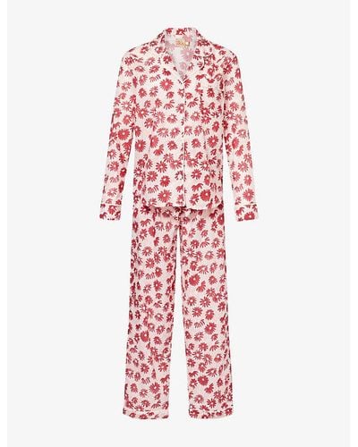 Desmond & Dempsey Floral-print Long-sleeve Cotton Pajama Set - Red