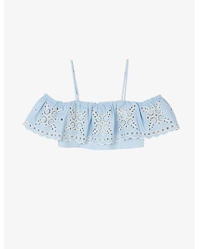 Sandro Ruffle-trim Embroidered Cropped Linen-blend Top - Blue