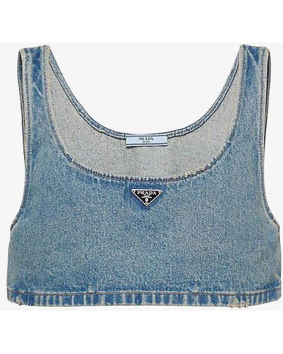 Prada Logo-plaque Denim-chambray Crop Top - Blue