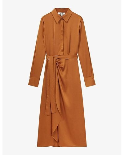 Reiss Arabella Draped Satin Midi Shirt Dress - Brown