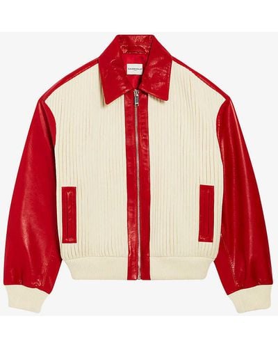 Claudie Pierlot Contrast-sleeve Ribbed Leather And Knitted Jacket - Red