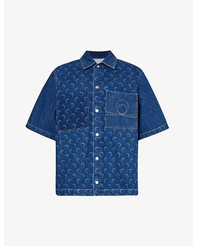 Marine Serre Deadstock Moon-motif Relaxed-fit Denim Shirt - Blue