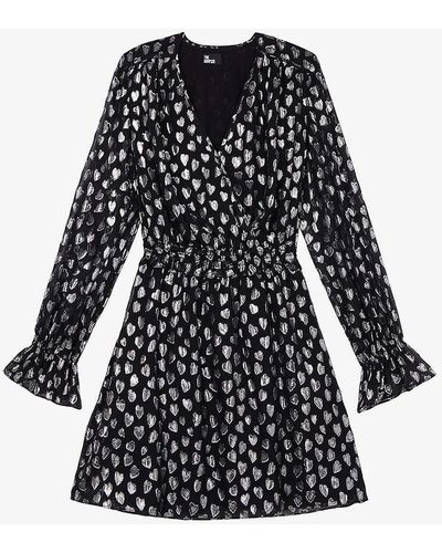 The Kooples Heart-motif Smocked-waist Woven Mini Dress - Black