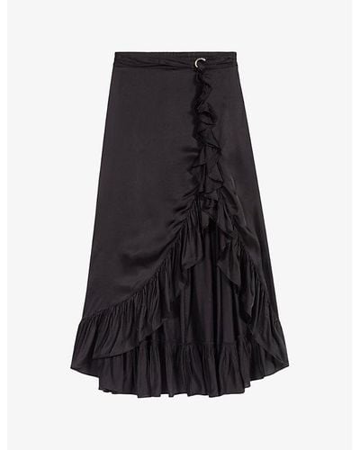 Maje Ruffled Asymmetric Satin Maxi Skirt - Black