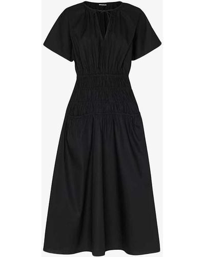 Whistles Cut-out Shirred-waist Cotton Midi Dress - Black