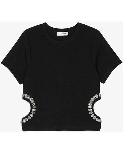 Sandro Crystal-embellished Cut-out Stretch-woven Top - Black
