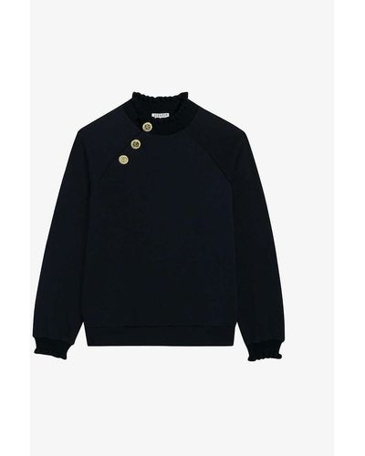 Claudie Pierlot Tape High-neck Buttoned Cotton-blend Sweatshirt - Black