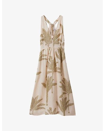 Reiss Anna Tropical-print V-neck Linen Midi Dress - Natural