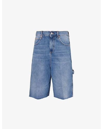 Gucci Rhinestone-branded Raw-hem Denim Bermuda Shorts - Blue