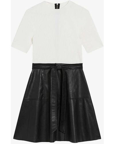 Ted Baker Oliyia Contrast-skirt Woven And Faux-leather Mini Dress - White