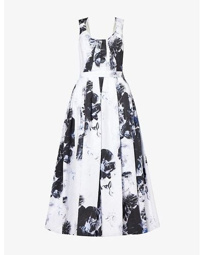 Alexander McQueen Floral-print Sweetheart-neck Cotton Midi Dress - White