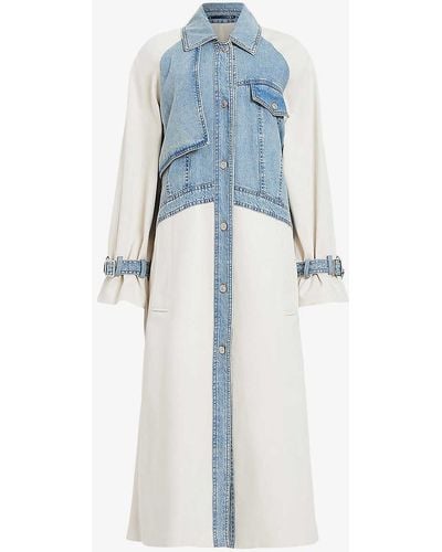 AllSaints Dayly Denim-panel Relaxed-fit Stretch Organic-cotton Trench - Blue