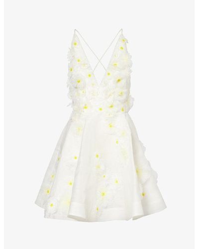 Zimmermann Daisy-embellished V-neck Linen And Silk-blend Mini Dress - White