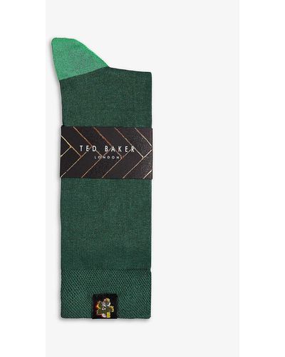 Ted Baker Classic Floral-embroidered Cotton-blend Socks - Green