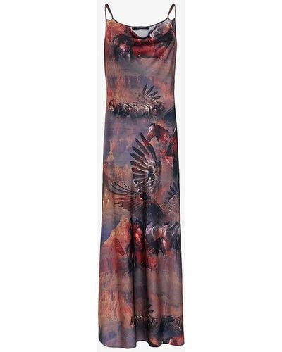 AllSaints Hadley Graphic-print Cowl-neck Stretch Recycled-polyester Maxi Dress - Purple